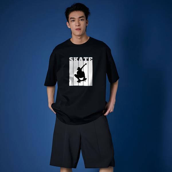 Skateboarder Silhouette Oversized T-Shirt | 100% Cotton Streetwear Tee | Black & White Skate Culture Shirt