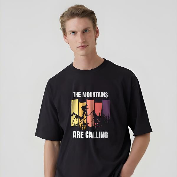 The Mountains Are Calling Oversized Adventure T-Shirt | 100% Cotton | Retro Sunset Hiking Tee | Black & White
