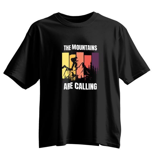The Mountains Are Calling Oversized Adventure T-Shirt | 100% Cotton | Retro Sunset Hiking Tee | Black & White