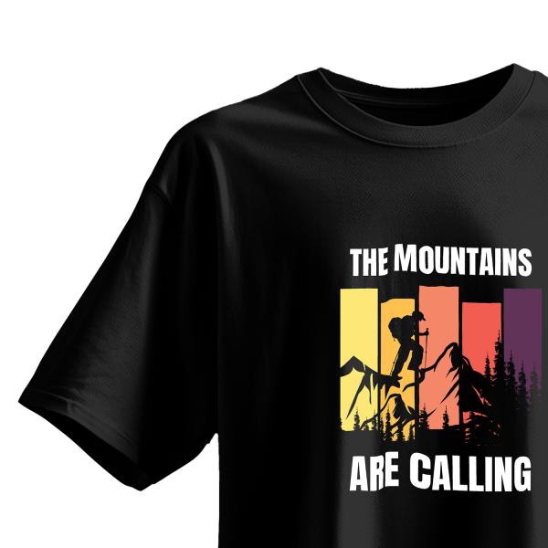 The Mountains Are Calling Oversized Adventure T-Shirt | 100% Cotton | Retro Sunset Hiking Tee | Black & White